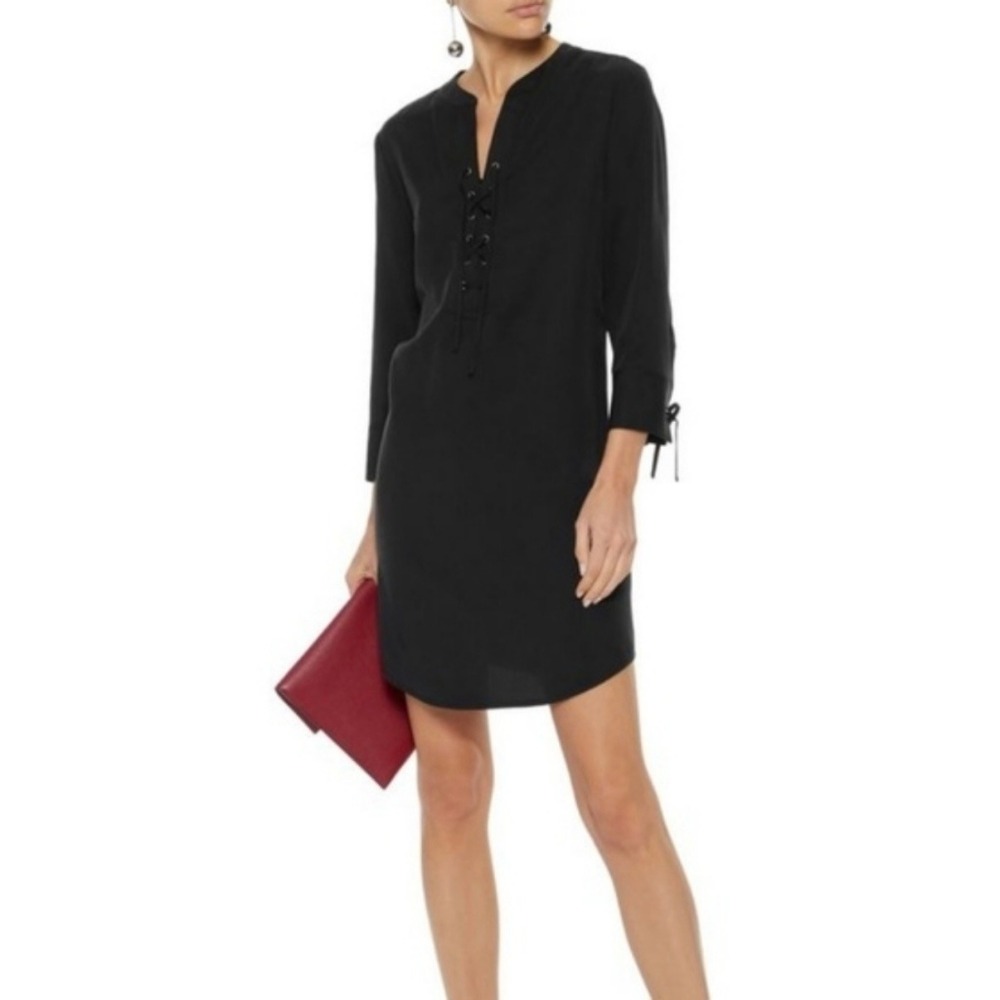 Theory Julitah Black Lace Up‎ V Neck Tencel Shirt Dress Size 8